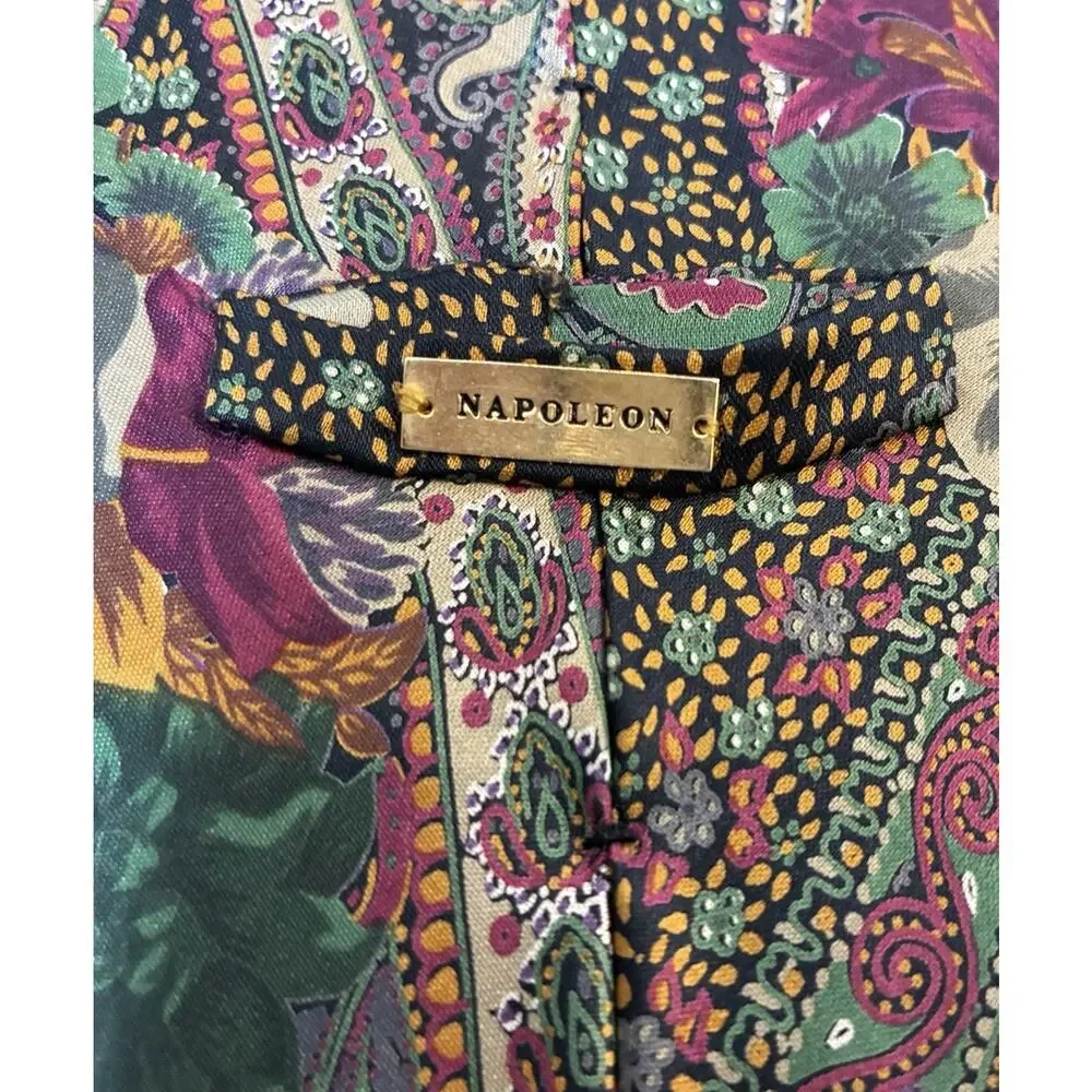 Rare Vintage Napoleon Silk Tie Paisley Floral Gold Plate Keeper Loop Jewel Tone